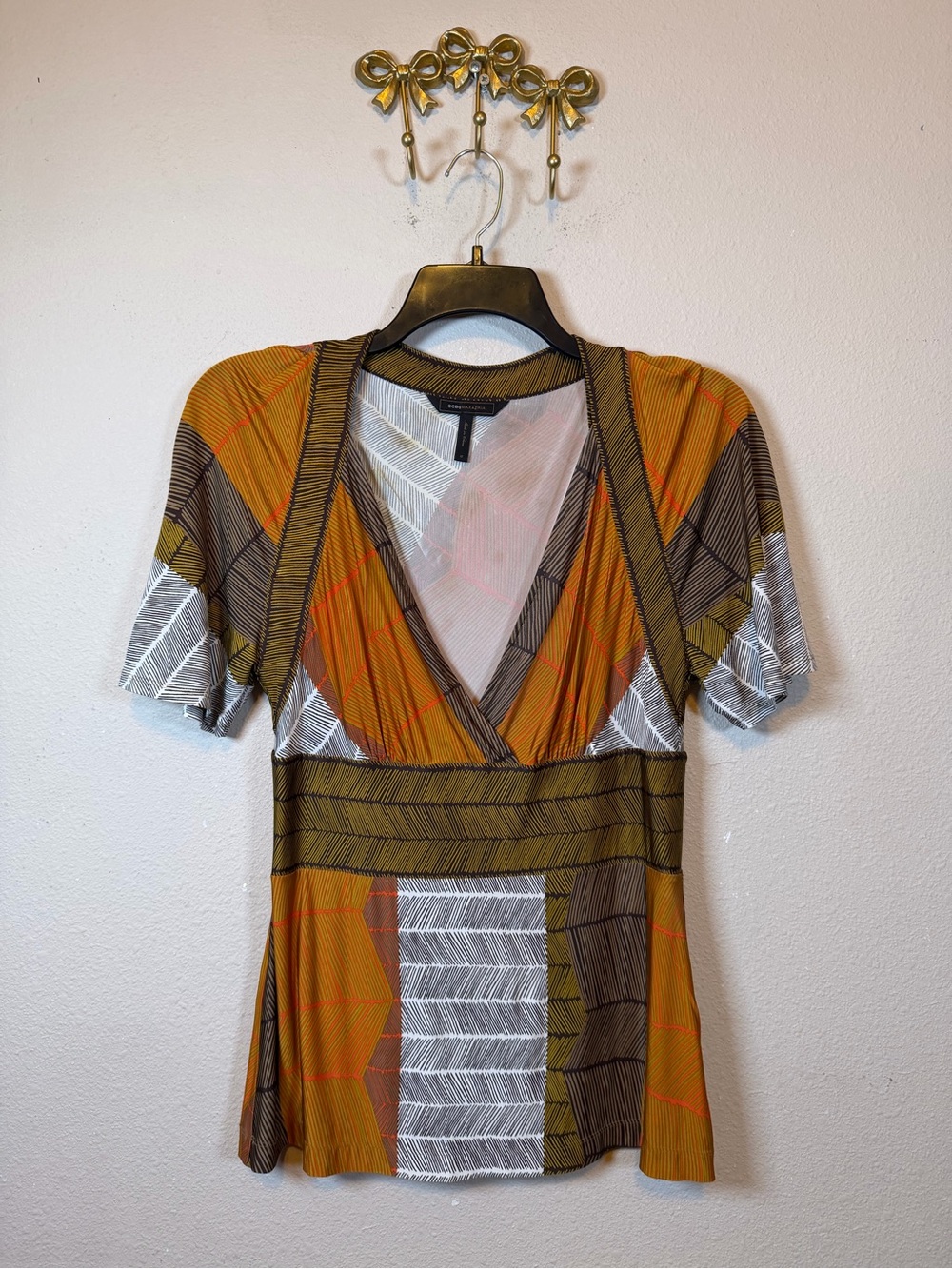 BCBGMaxAzria Mustard, Brown & White V-Neck Faux Wrap-Style Top. Size M